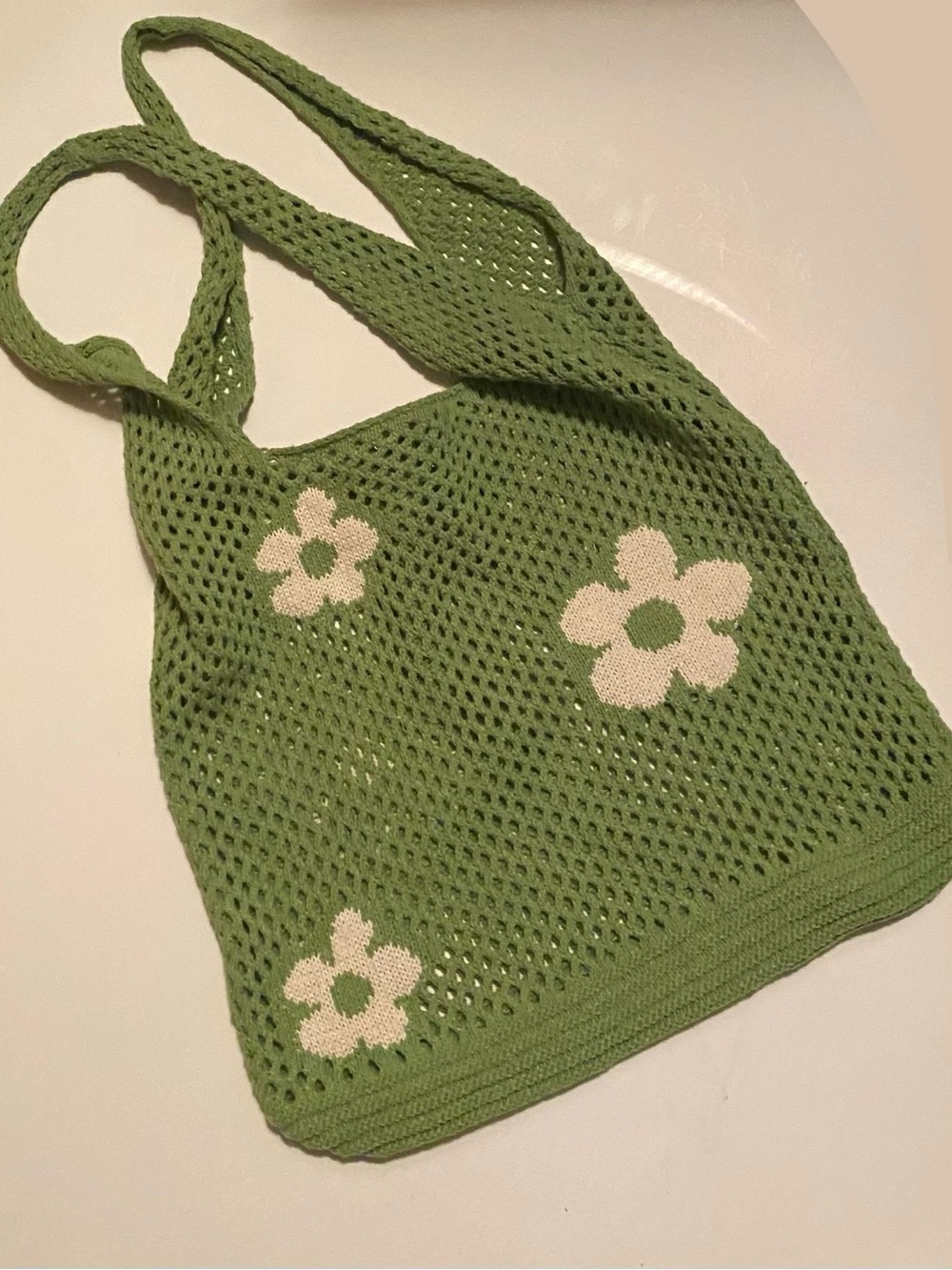Green Crochet Daisy Tote Bag with Cream Flower Accents